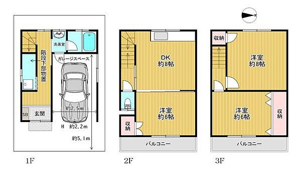 【間取り】3ＤＫ使いやすい広さの居室3部屋ガレージスペース有！