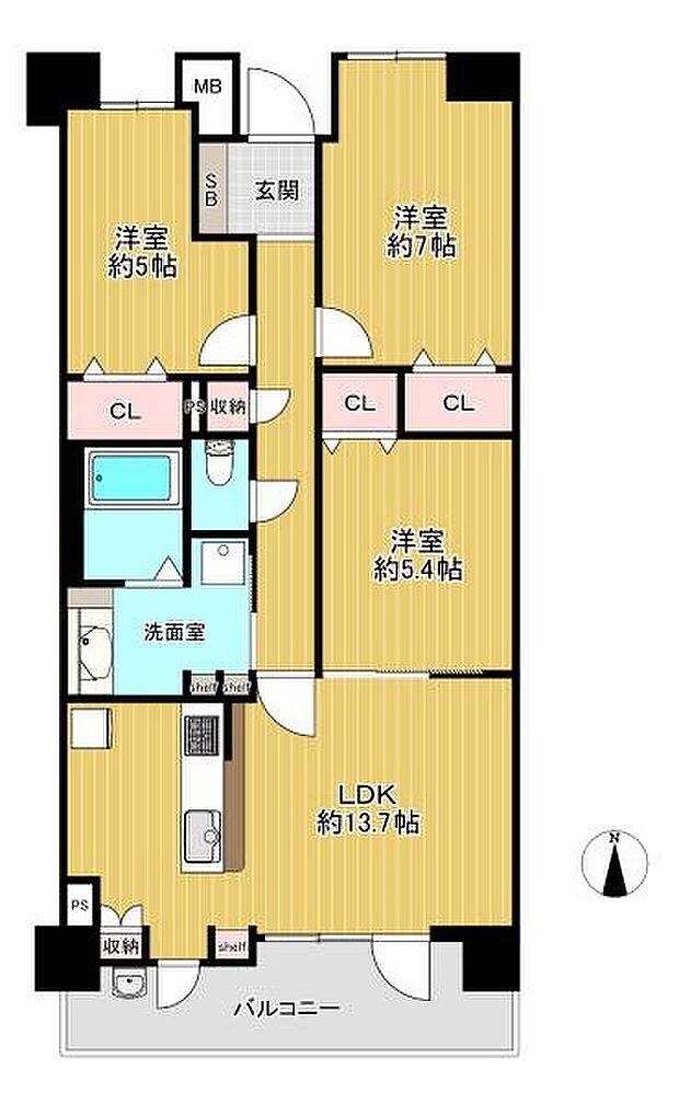 【間取り】3ＬＤＫペット飼育可能な敷地内植栽豊富なマンション！スロップシンク付きの陽当り良好な南向きバルコニー！