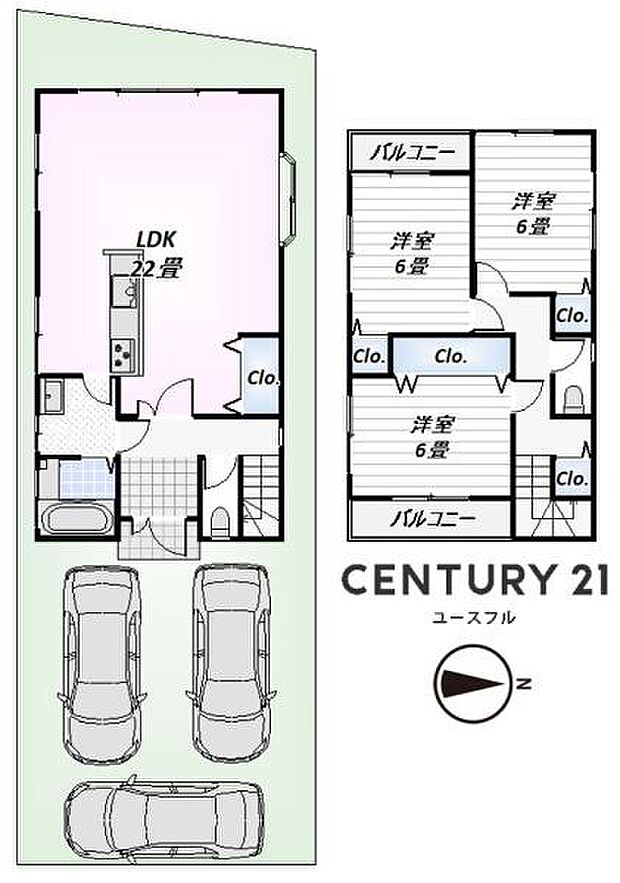 LDK22帖付きの3LDKのこの1階は家事動線を考えた使い勝手の良い間取りとなっております。駐車スペースはなんと3台可能です♪