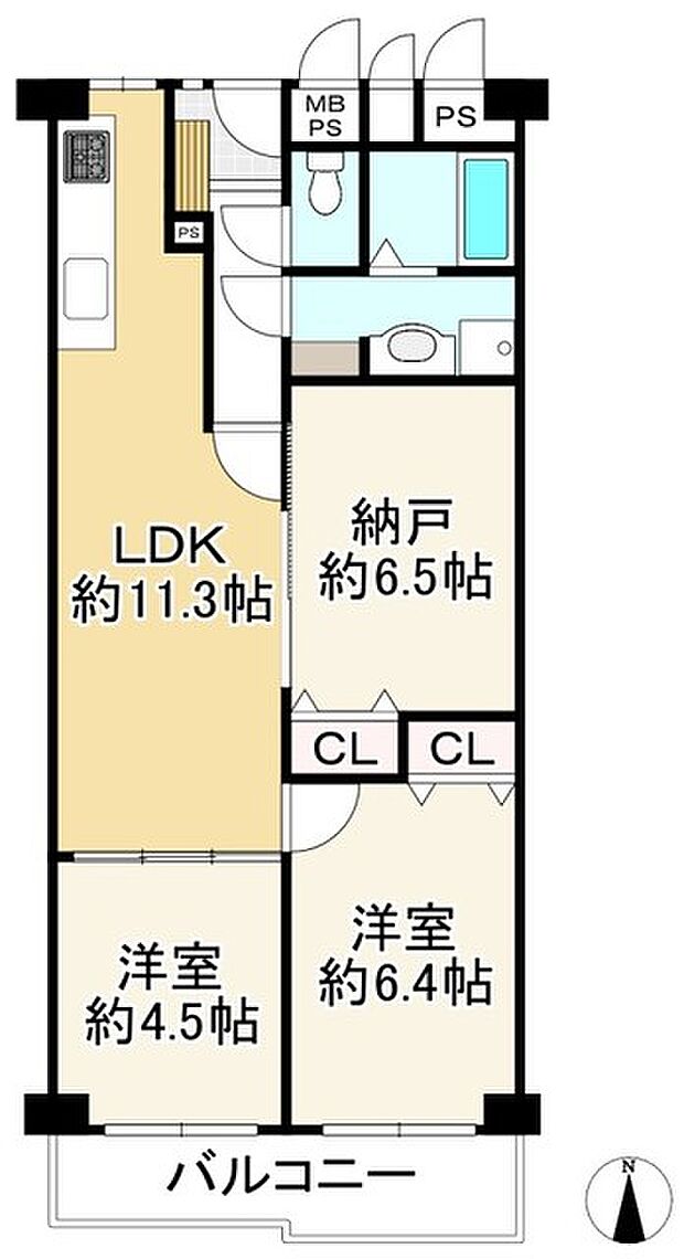 労住まきのハイツ1号棟(2SLDK) 4階の間取り図