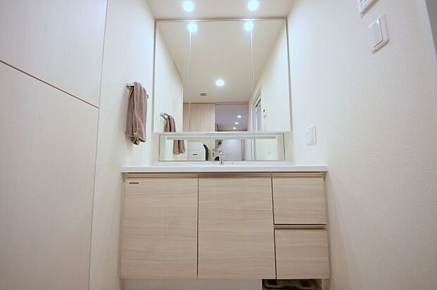 収納豊富な3面鏡の化粧台。ホースの引出しやシャワーも使えて、お掃除などにも便利です。