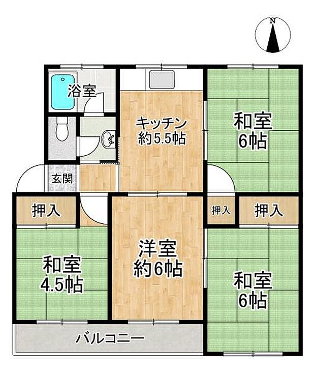 神陵台西住宅61号棟(4DK) 1階の間取り図
