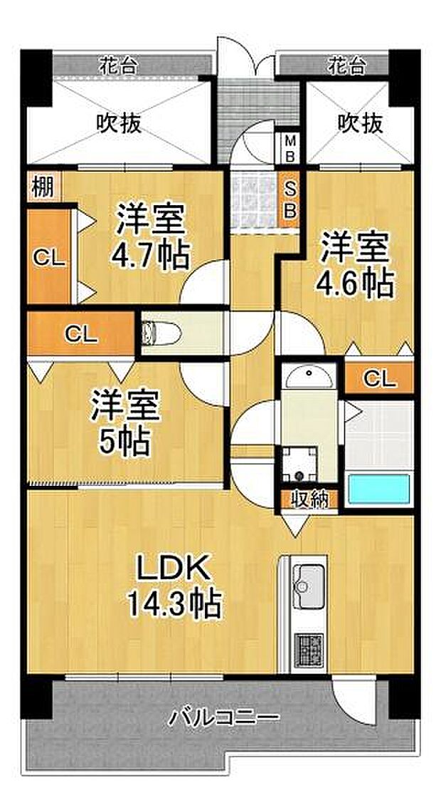 マイシティおおさか4番館(3LDK) 4階の間取り図