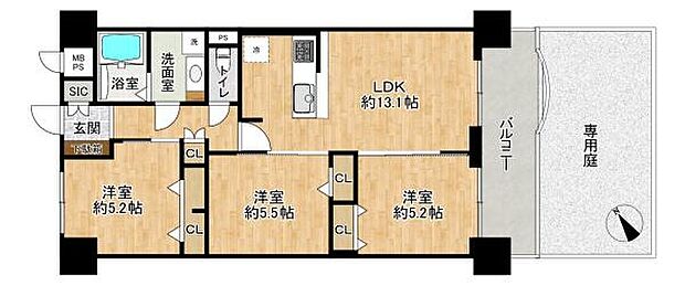 加古川グリーンシティＥ棟(3LDK) 1階の間取り図
