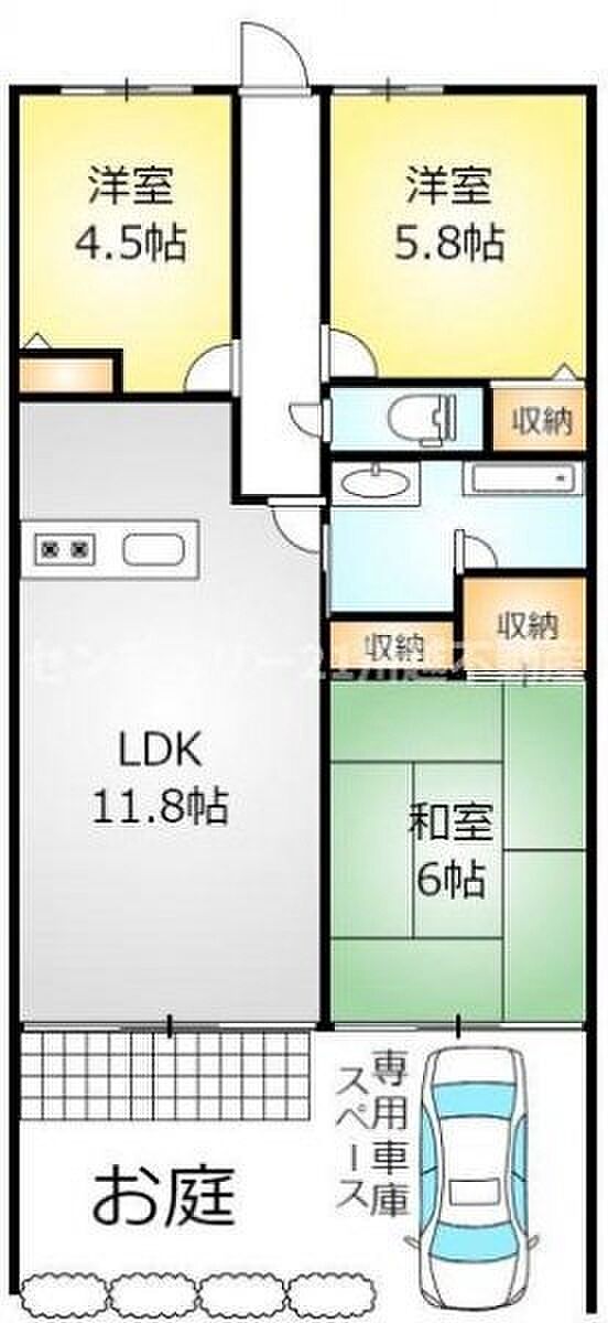 11.8帖のLDKと洋室2部屋、和室1部