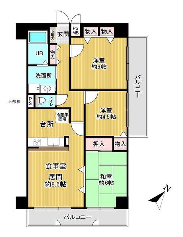 ライオンズマンション住吉万代東(3LDK) 6階の間取り図