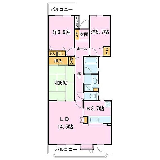 千葉東ガーデニア(3LDK) 7階の間取り図