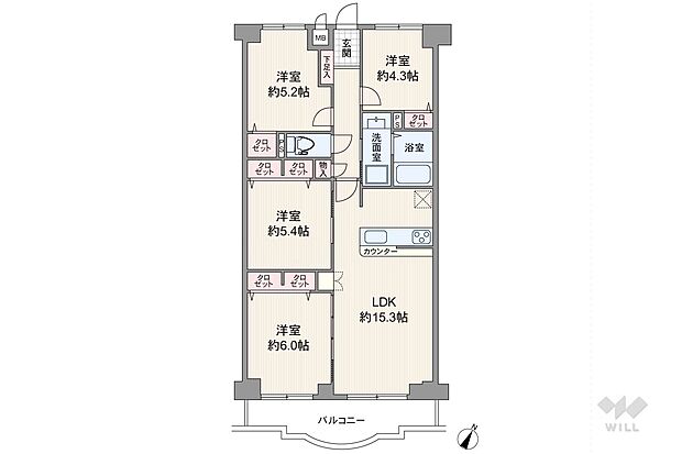 【間取り】間取りは専有面積79.38平米の4LDK。全居室洋室仕様の縦長リビングプラン。個室4部屋中2部屋はLDKを通って出入りする造り。