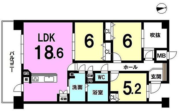 コートブランシュ富雄(3LDK) 6階の間取り図