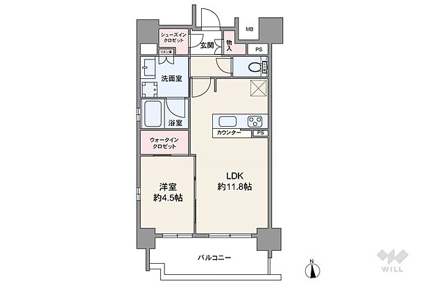 間取りは専有面積42.38平米の1LDK。廊下が短く、居住空間を広く確保したプラン。LDKと洋室が続き間になっており、繋げて使うこともできます。浴室に窓あり。玄関に収納スペースが2か所あります。