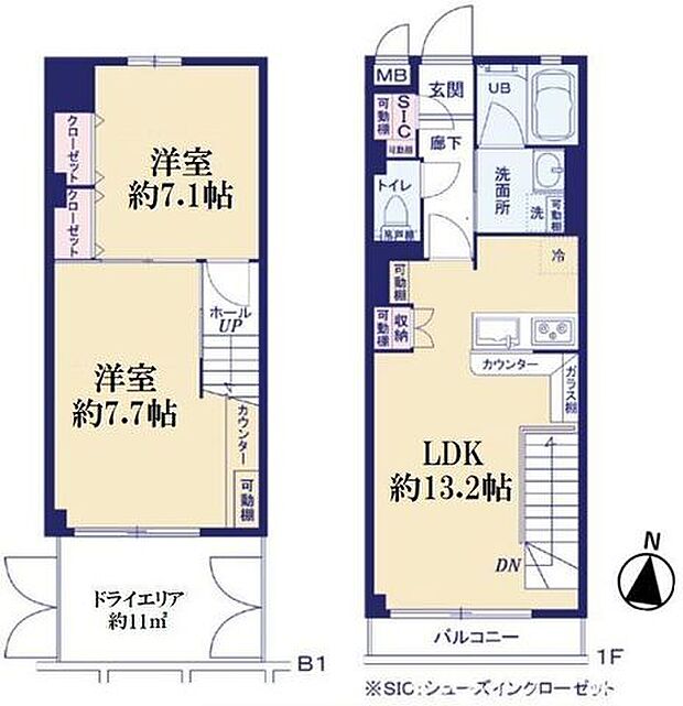 ディナ・スカーラ経堂南(2LDK) B1階の間取り図