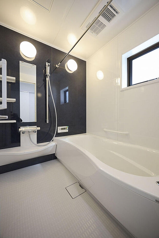 キレイを簡単にキープするトクラス製「うつくし仕様の」バスルーム。浴室暖房乾燥機、ランドリーパイプ付。シャワーは手すり兼用のパイプで高さを自由に変えられます