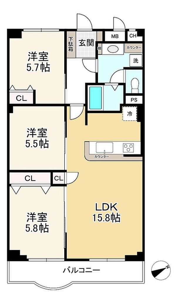 コスモハイツ六甲台(3LDK) 4階の間取り図