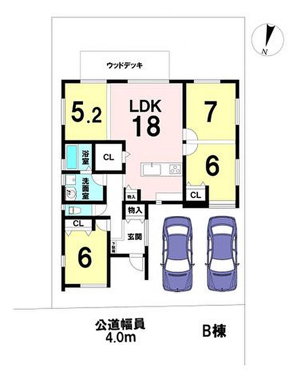B棟の間取りです。LDKは広々18帖。自然と家族の集う空間になりそうです。西側7帖、6帖は間仕切りを入れることで2部屋になります。将来の子供部屋にもぴったりな空間です(現在は13帖)