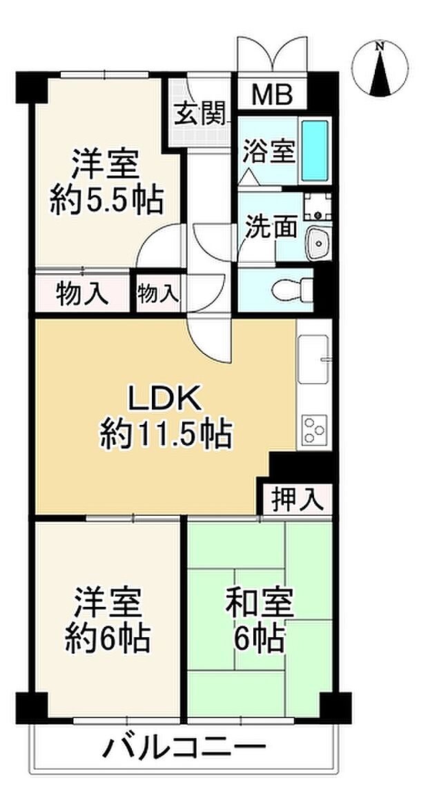 久宝寺グリーンマンション(3LDK) 5階の間取り図