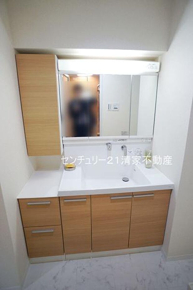 ワイドな鏡を備えた洗面化粧台(2022年11月撮影)