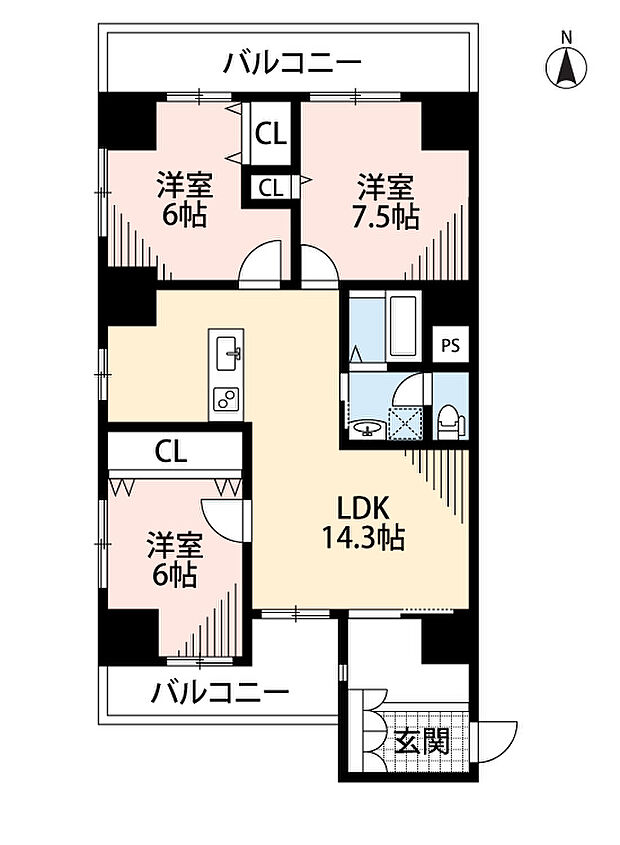 丸美タウンマンション伊勢山(3LDK) 6階の内観
