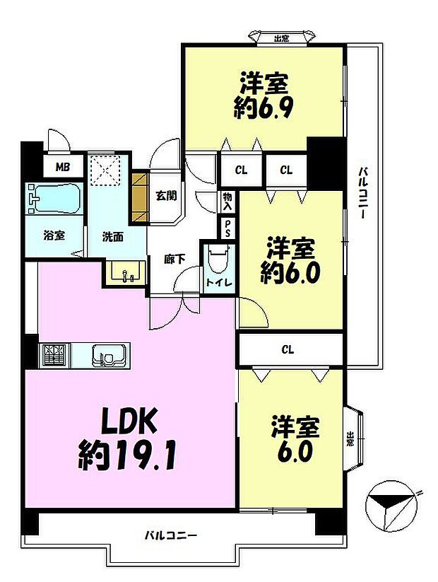 ライオンズマンションマキシム櫛原(3LDK) 7階の間取り図