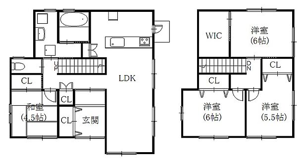 【間取り】1階：LDK+4.5帖の和室　2階：5.5帖＋6帖＋6帖＋ＷＩＣ