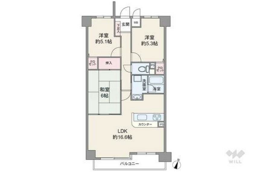 間取りは専有面積70.94平米の3LDK。LDKの一角に和室が設けられており、家族団らんのスペースとしても利用できるプラン。和室は廊下からもアクセス可能です。