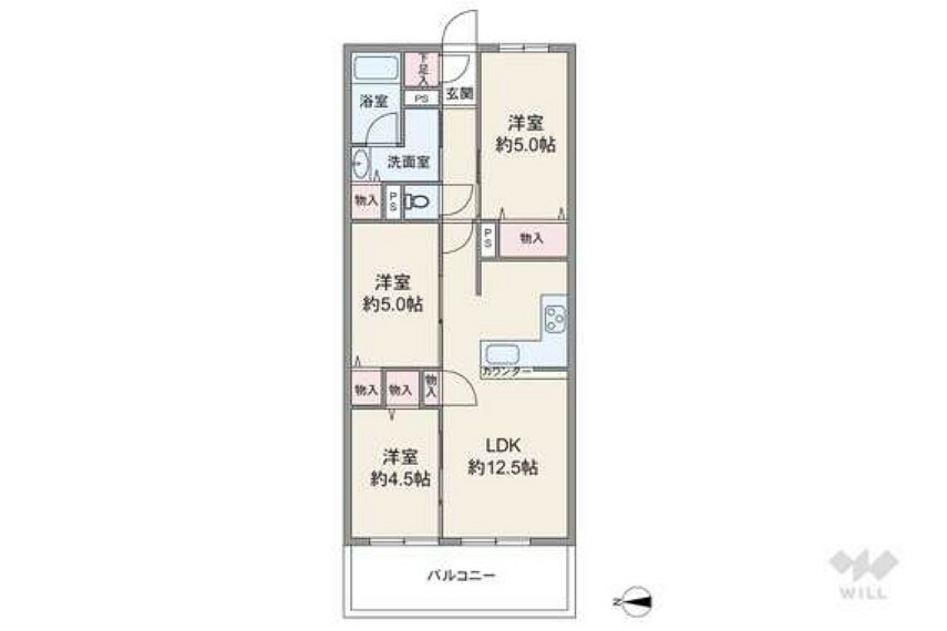 間取りは専有面積60.2平米の3LDK。LDKに洋室2部屋が隣接し、フレキシブルに繋げて使用できるプランです。各居室が洋室仕様でクロゼット付き。