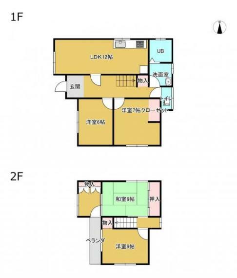 【間取図】1階に洋室2部屋、2階には洋室と和室がそれぞれ1部屋ずつございます。4LDKの2階建て戸建てになります。