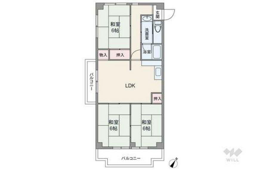 間取りは専有面積58.1平米の3DK。2面にバルコニーが付いたセンターリビングのプラン。LDKと和室2部屋が続き間で、生活シーンに合わせてフレキシブルに使えます。