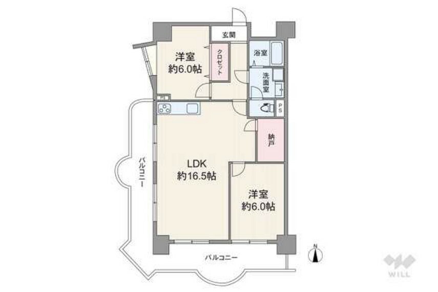 間取りは専有面積63.63平米の2LDK。L字型バルコニーで開放感のあるプラン。個室は2部屋とも6帖の洋室です。