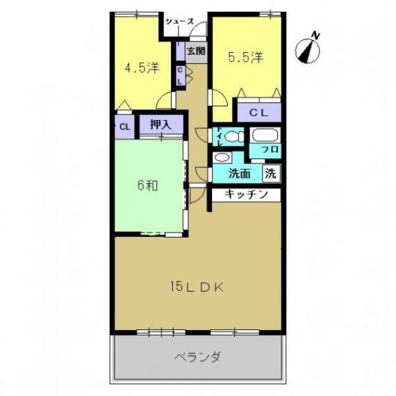 【間取図】約15帖のリビングがある3LDKのお家です。南東向きなので、自然光も入り明るいです。