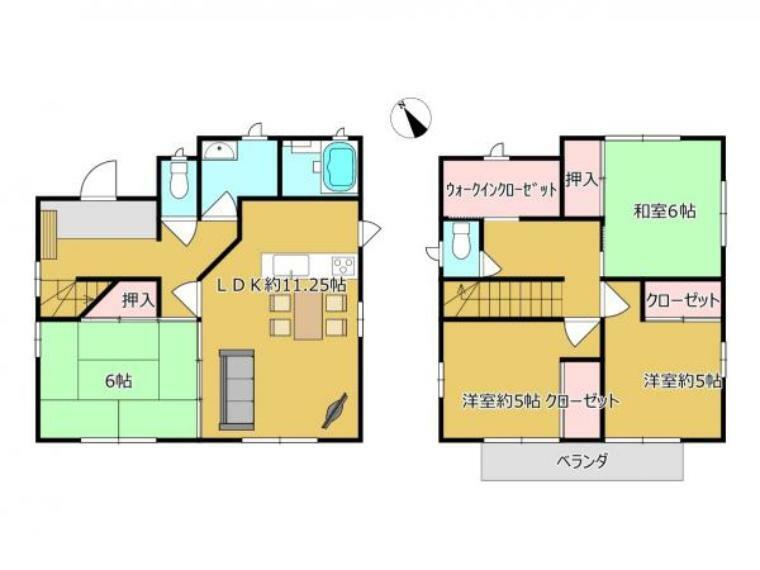 【間取り図】ハウスメーカー施工の4SLDKの間取りです。1階はLDKと6畳和室、2階は6帖洋室が二部屋と6畳和室が一部屋です。