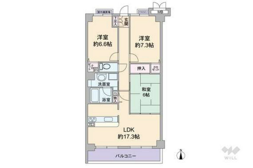 間取りは専有面積80.96平米の3LDK。全居室6帖以上の広さがあるプラン。LDと続き間の和室は、室内廊下からも出入りができます。