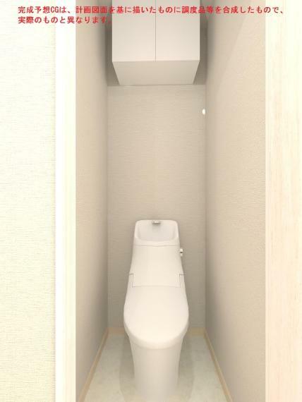シャワー機能付トイレでいつも快適。上部には便利な収納を設置しています。