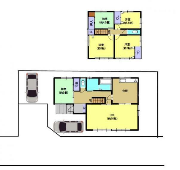 【間取り】5LDKの広々とした住宅です。リビングスペースはキッチンと分かれており、15帖の広さがあります。駐車場は2台分のスペースがございます。