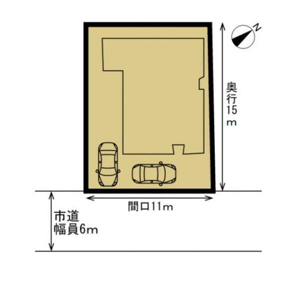 【区画図】駐車はL字で2台に拡張いたします。南道路の日当たりの良いお家です。横付けと縦列1台ずつですので止められて出入りも干渉しないので便利ですね。