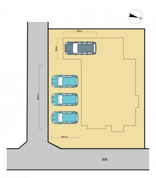 【区画図】車庫内に1台、庭を解体して拡張した駐車スペースに3台の合計4台駐車可能です。並列で停められますのでご家族皆様のお車を敷地内に置くことが出来ます