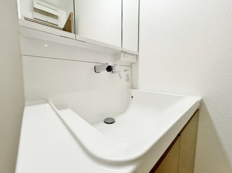 3面鏡、シャワーヘッド、収納を配置した洗面スペースです。朝の身支度に便利です。