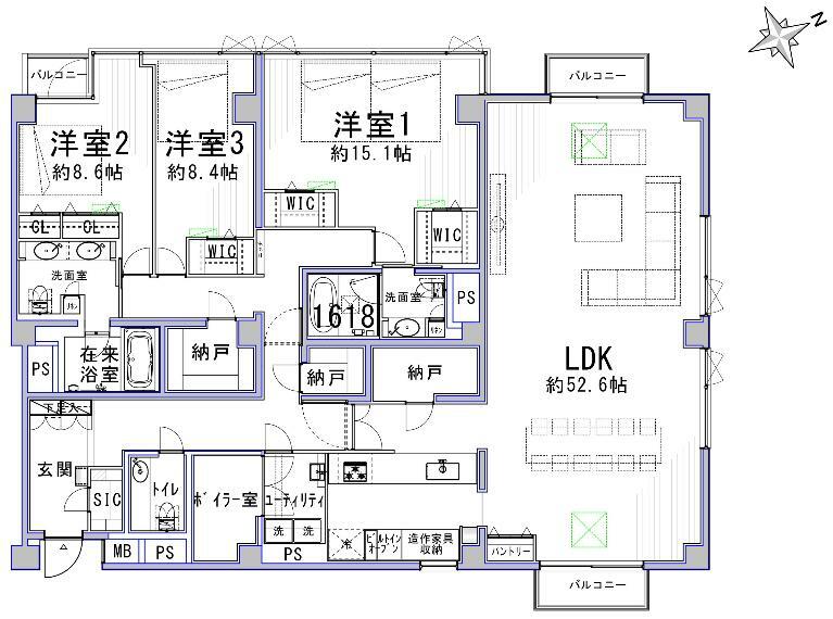 専有面積225.41平米の広さは、都心のマンションではめったにお目にかかれません。52.6帖のLDK。洋室は8.6帖、8.4帖、7.0帖、8.1帖（4LDKの場合）の広さがあります。高い収納力にも注目です。