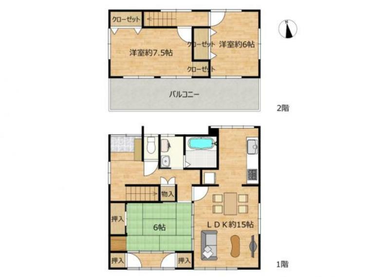 【間取図】リフォーム前5DKの間取りを、1階はLDKと和室一部屋、2階は洋室二部屋の3LDKに変更しました。浴室も足が伸ばせる1坪サイズへ拡張しました。