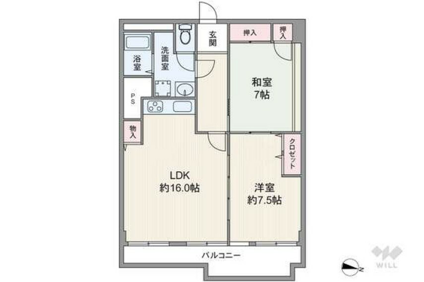 間取りは専有面積72.85平米の2LDK。全居室7帖以上の広さがあるプラン。洋室を間にして、3部屋が続き間になっています。すべての居室に収納付き。バルコニー面積は10.29平米です。