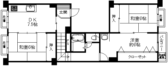 中津リバーサイドコーポD棟(3LDK) 1階の間取り図
