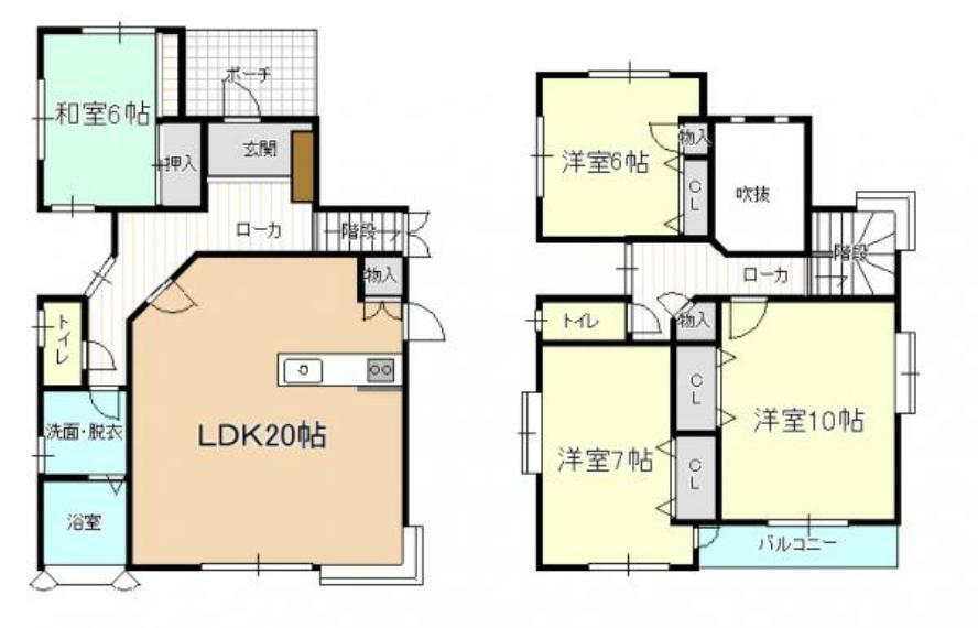 【間取図】間取りは4LDKの二階建てです。全室6帖以上で十分な部屋数がありますので、ご家族でも住みやすい住宅です。