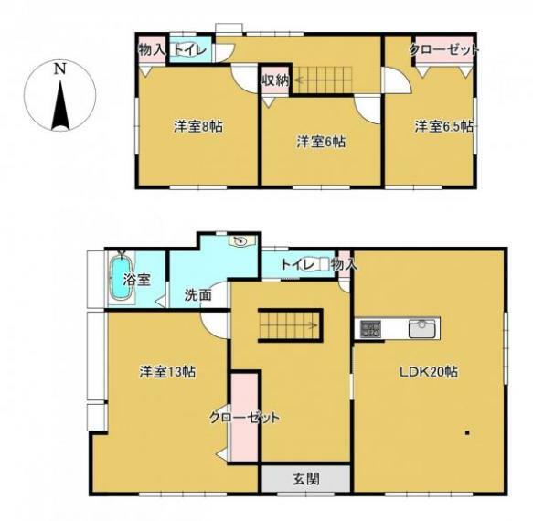 【間取り図】1階はリビング20帖と洋室13帖、2階は洋室8帖、6.5帖、6帖の広々4LDKです。トイレも2か所あります。