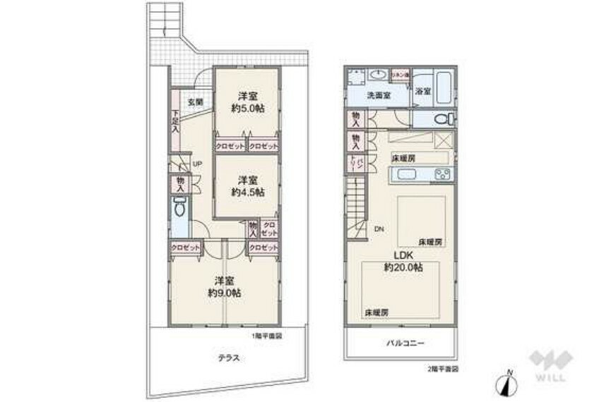 間取りは延べ床面積97.72平米の3LDK。2階には一度LDKを通ってアクセスするため、家族の動きがわかりやすく安心です。2階の洋室に壁を立てれば、4LDKとしても使えます（工事費要）。