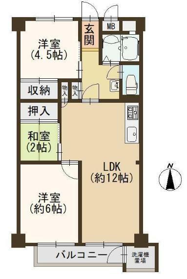 八戸ノ里グランドマンションA棟(2LDK) 2階の間取り図