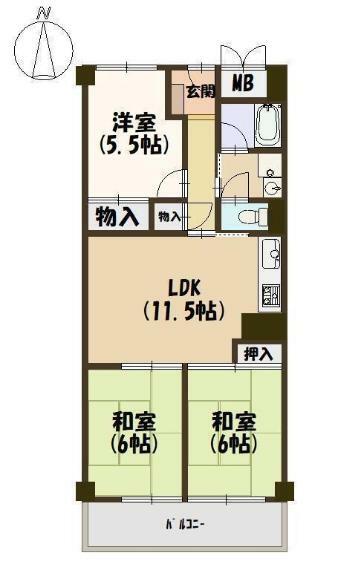 久宝寺グリーンマンション(3LDK) 6階の間取り図