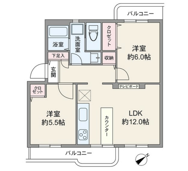 間取りは専有面積56.86平米の2LDK。2方向にバルコニーがあるプラン。居室はすべて洋室仕様です。各個室と室内廊下に収納付き。バルコニー面積は8.89平米です。