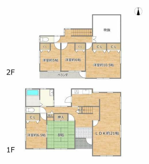 【間取り】2階建て5LDKのお家です。5LDKと十分な部屋数があり、全居室に収納がございますので、ご家族でも住みやすい住宅ですよ。