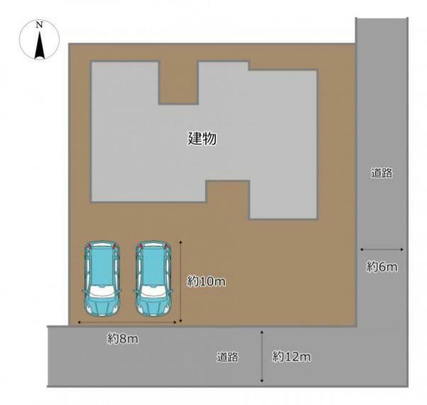 【配置図】普通車2台駐車可能です。自宅に車が停められる生活は駐車場を借りなくて済むので家計にもやさしい生活ですよ。
