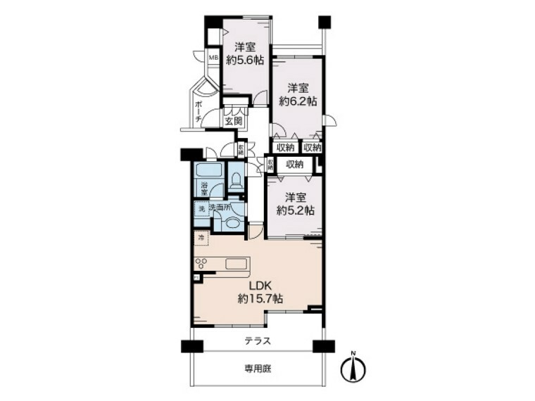 戸建ライクな専用庭とテラス、ポーチ、トランクルーム付3LDK