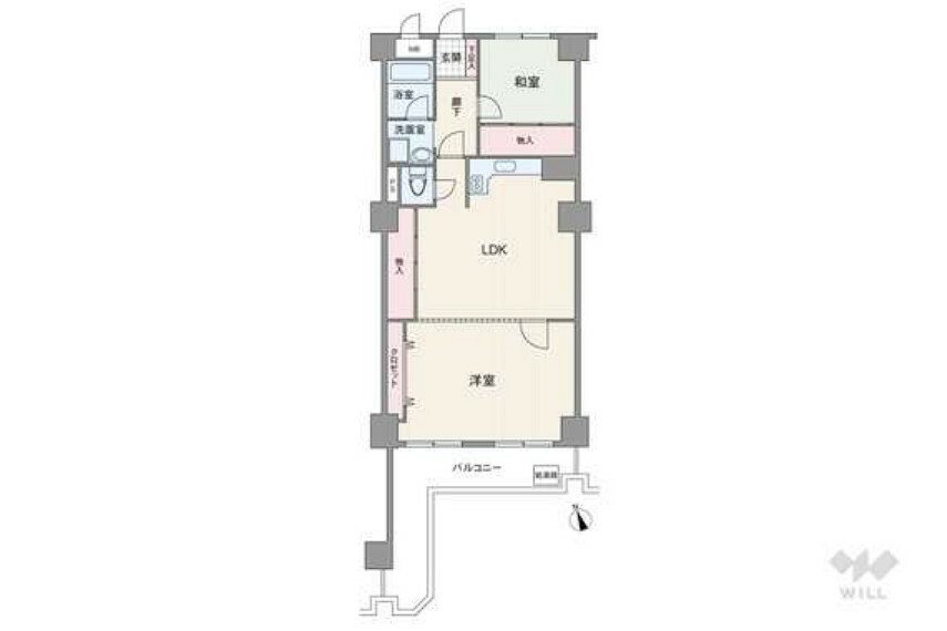 間取りは専有面積63.32平米の2LDK。各居室に収納スペースが設けられたプラン。廊下が短く、居住空間が広く確保されています。
